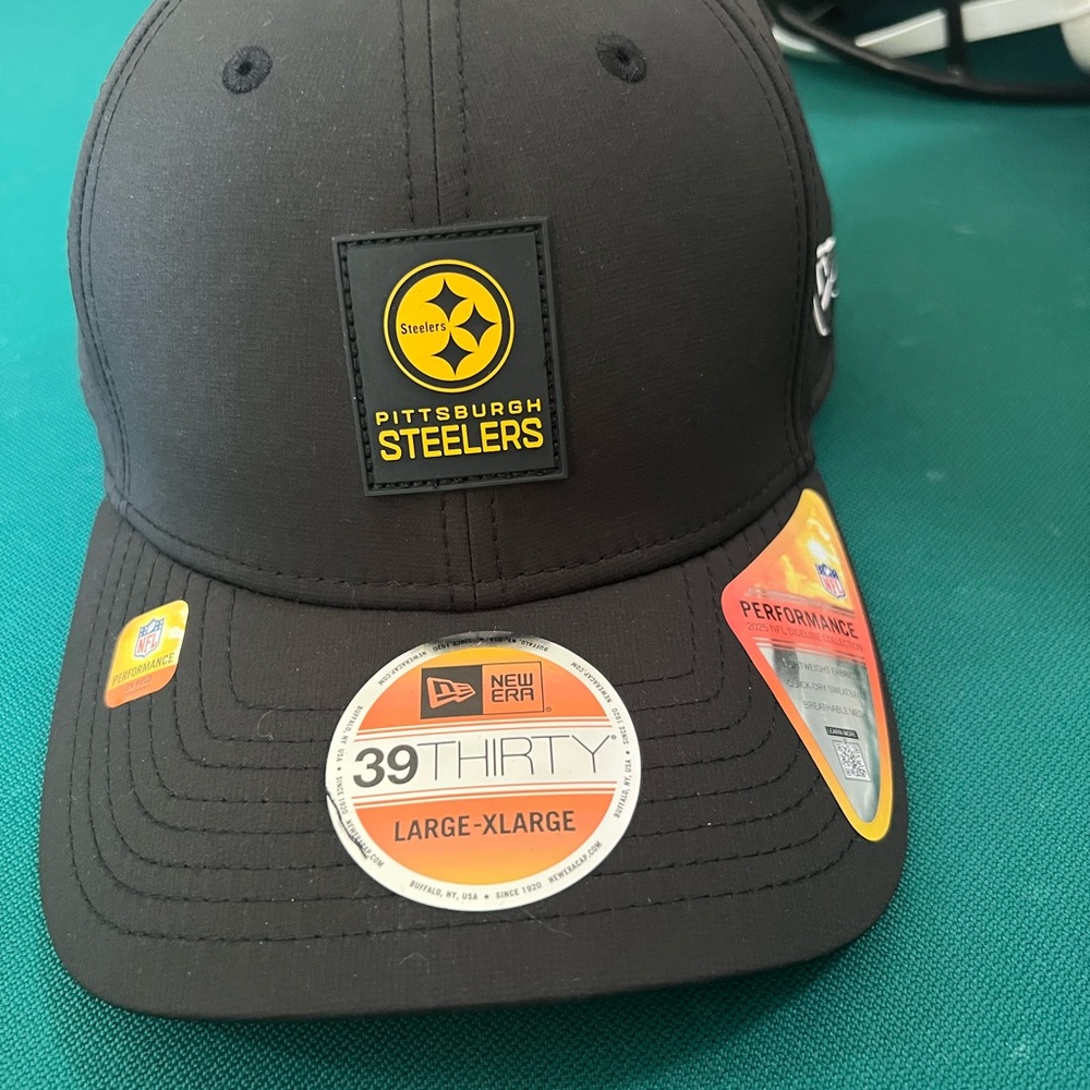 Pittsburgh Steelers Black 39THIRTY Stretch Fit Hat on field
